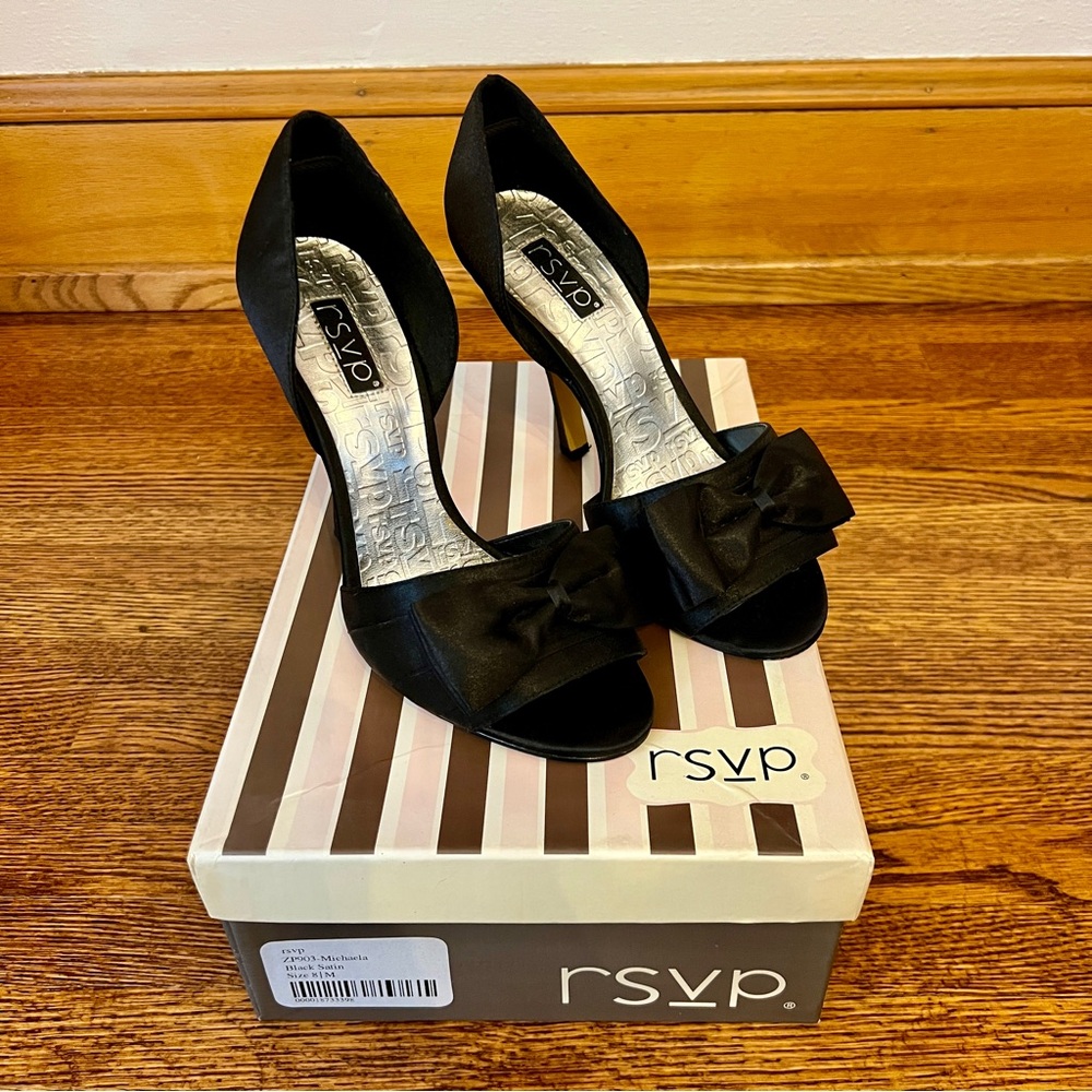 rsvp Women’s Black Satin High Heel Stiletto Pump Heels  with Bow size 8 Michaela